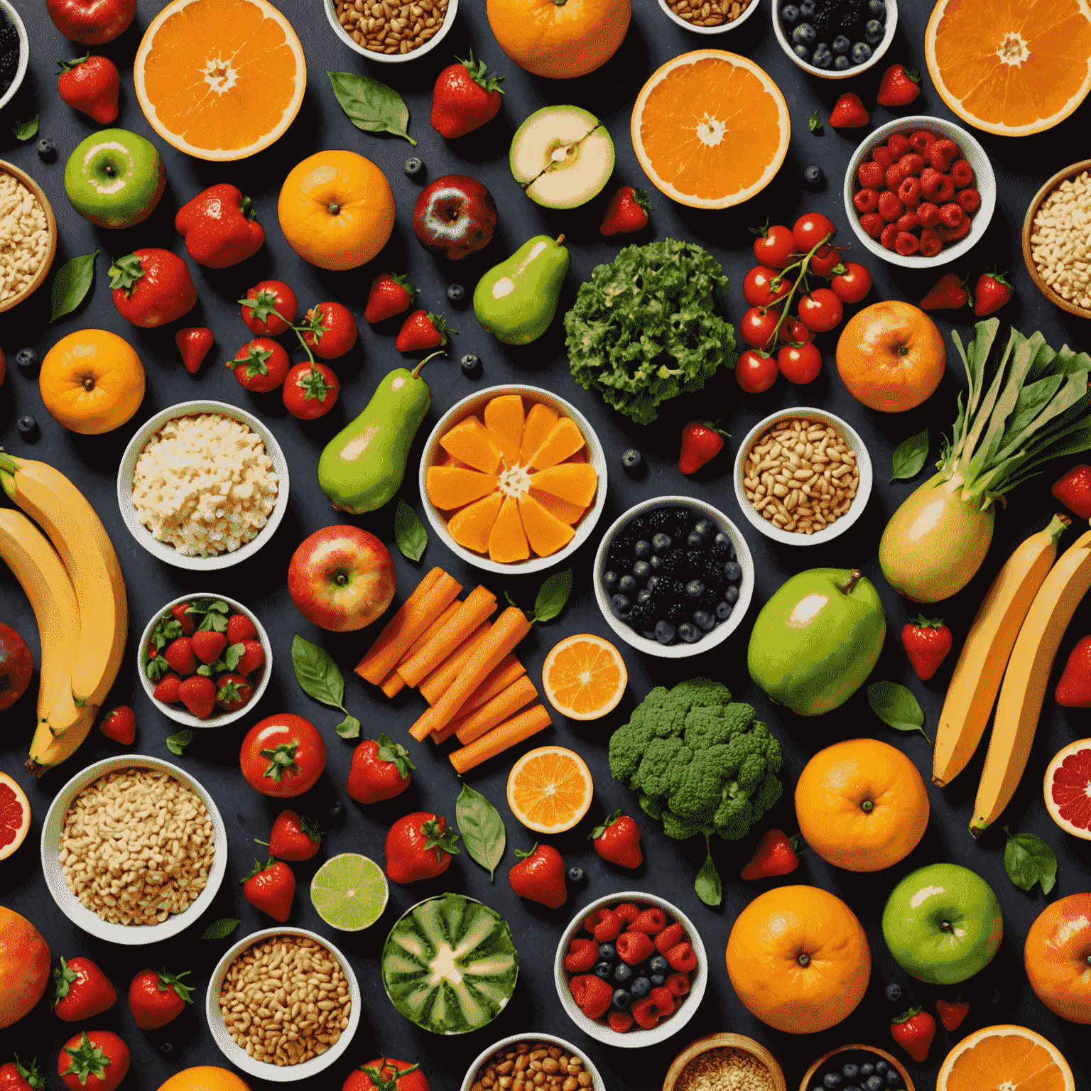 A colorful spread of nutritious foods suitable for dancers, including fruits, vegetables, lean proteins, and whole grains