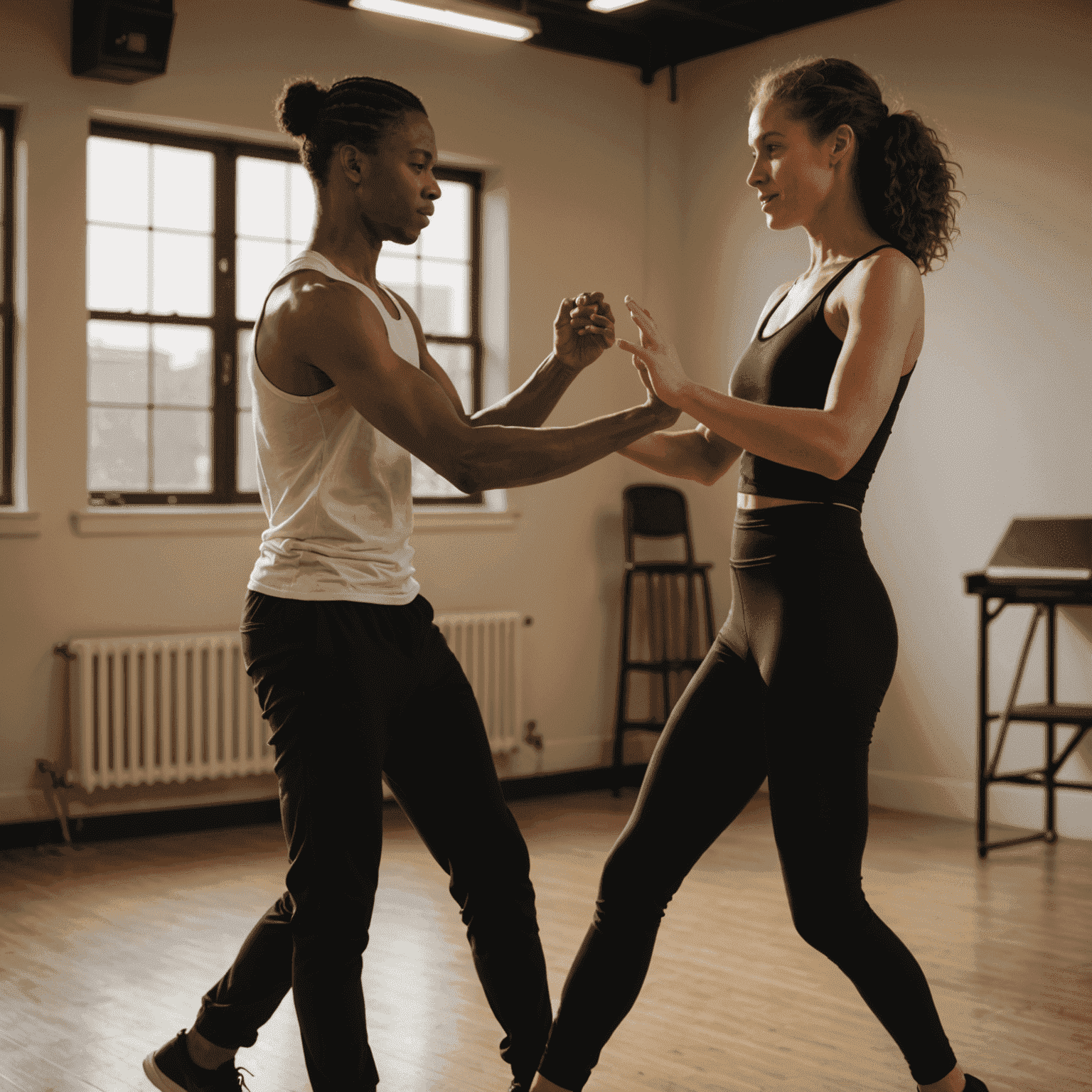 A dance instructor giving a one-on-one lesson to a student, demonstrating proper technique in a private studio space with soft lighting